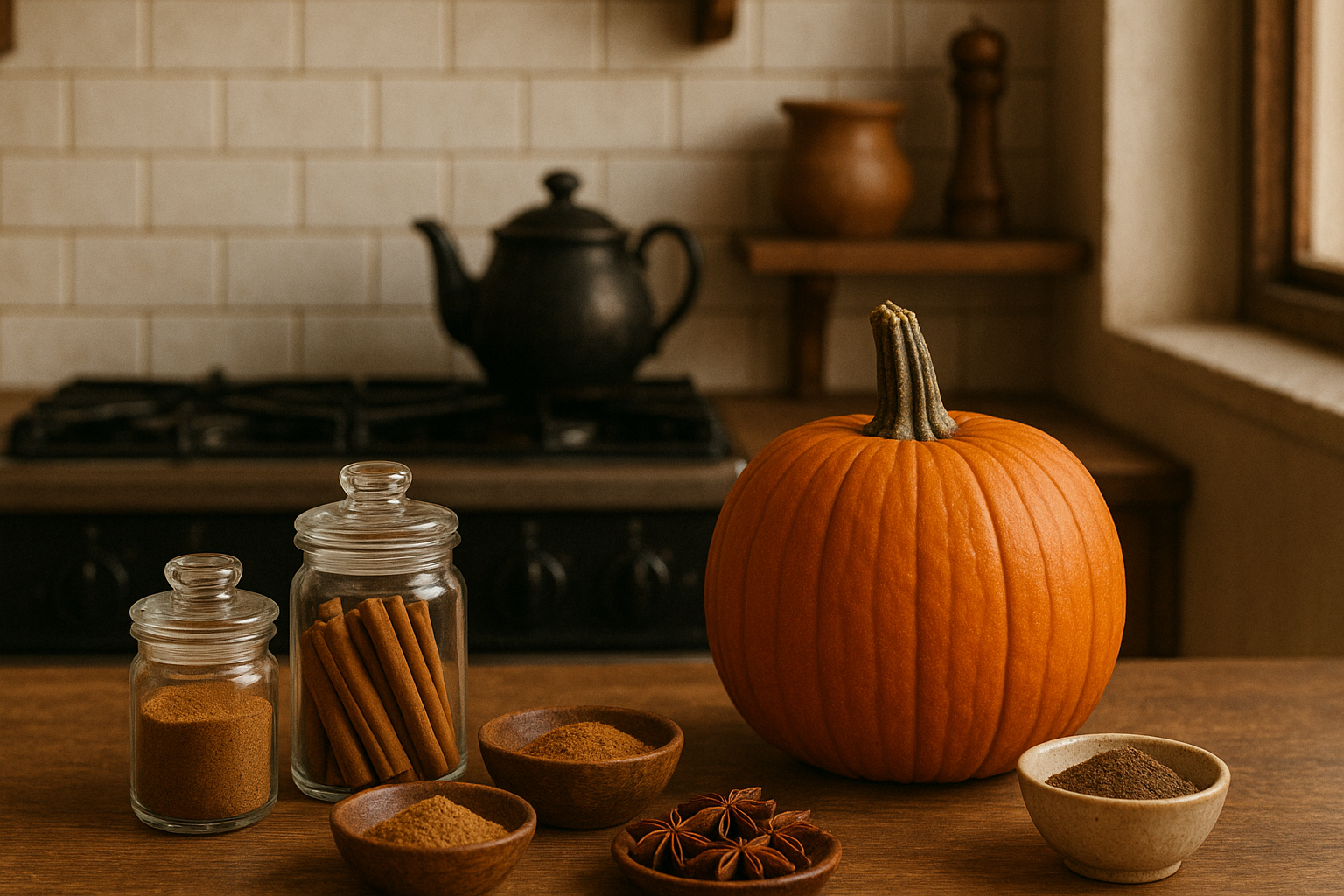 spices and pumpkin in a cozy kitchen setting.