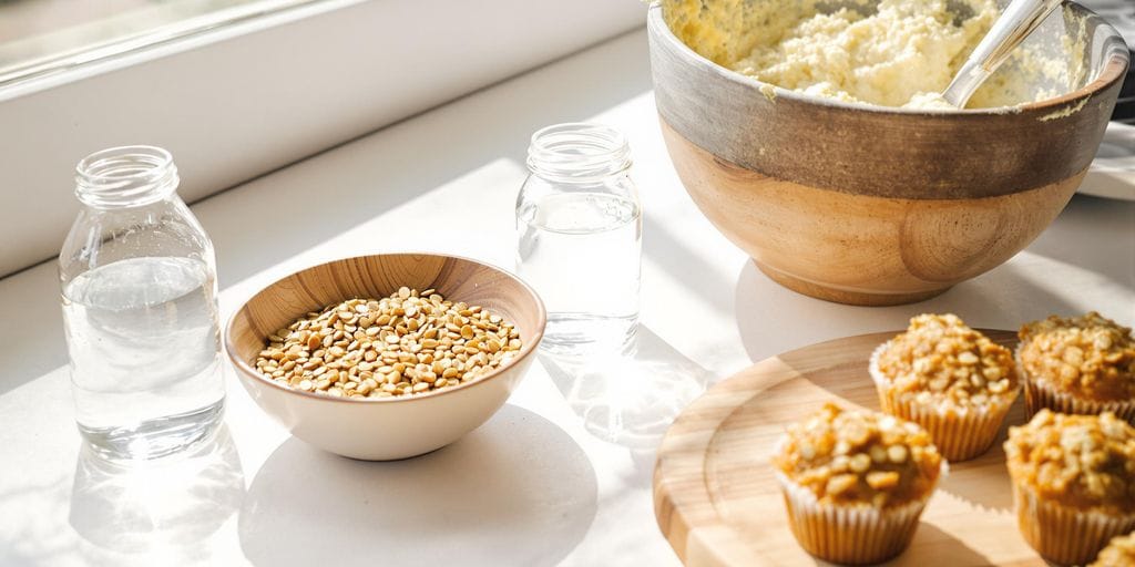 Close-up of a small bowl with freshly mixed flax egg.
